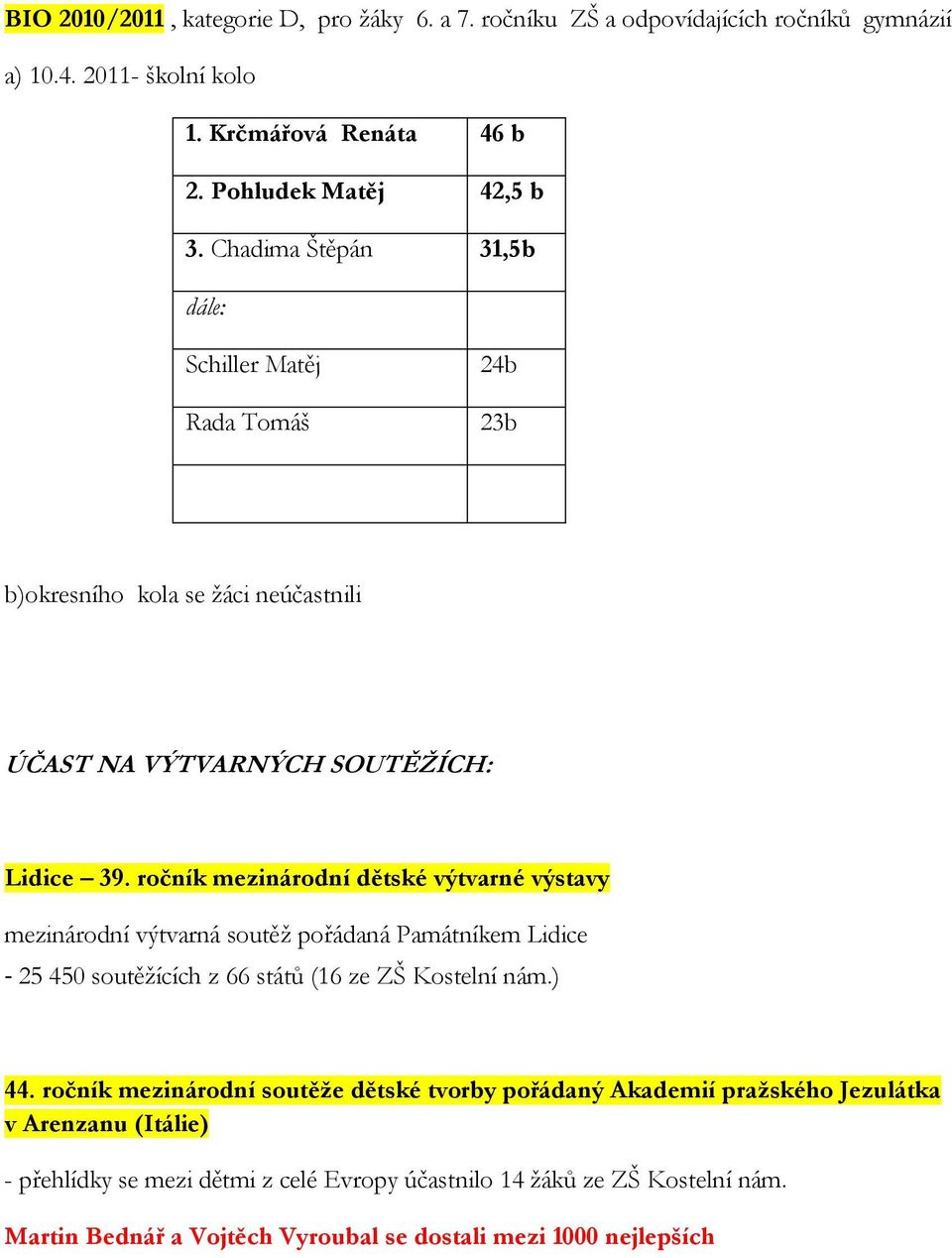 ročník mezinárodní dětské výtvarné výstavy mezinárodní výtvarná soutěţ pořádaná Památníkem Lidice - 25 450 soutěţících z 66 států (16 ze ZŠ Kostelní nám.) 44.