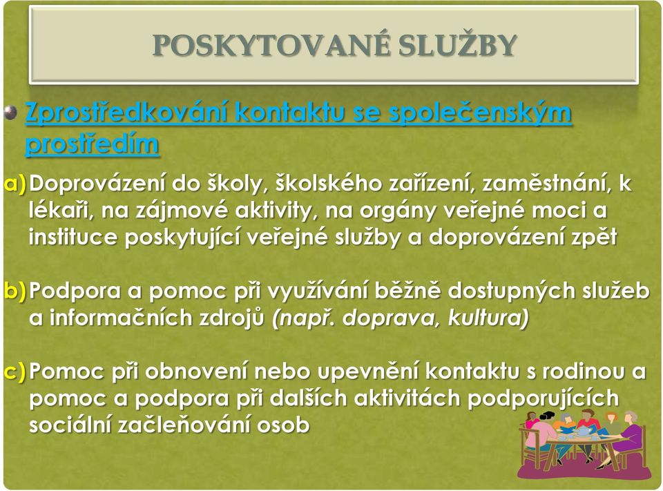 zpět b)podpora a pomoc při využívání běžně dostupných služeb a informačních zdrojů (např.