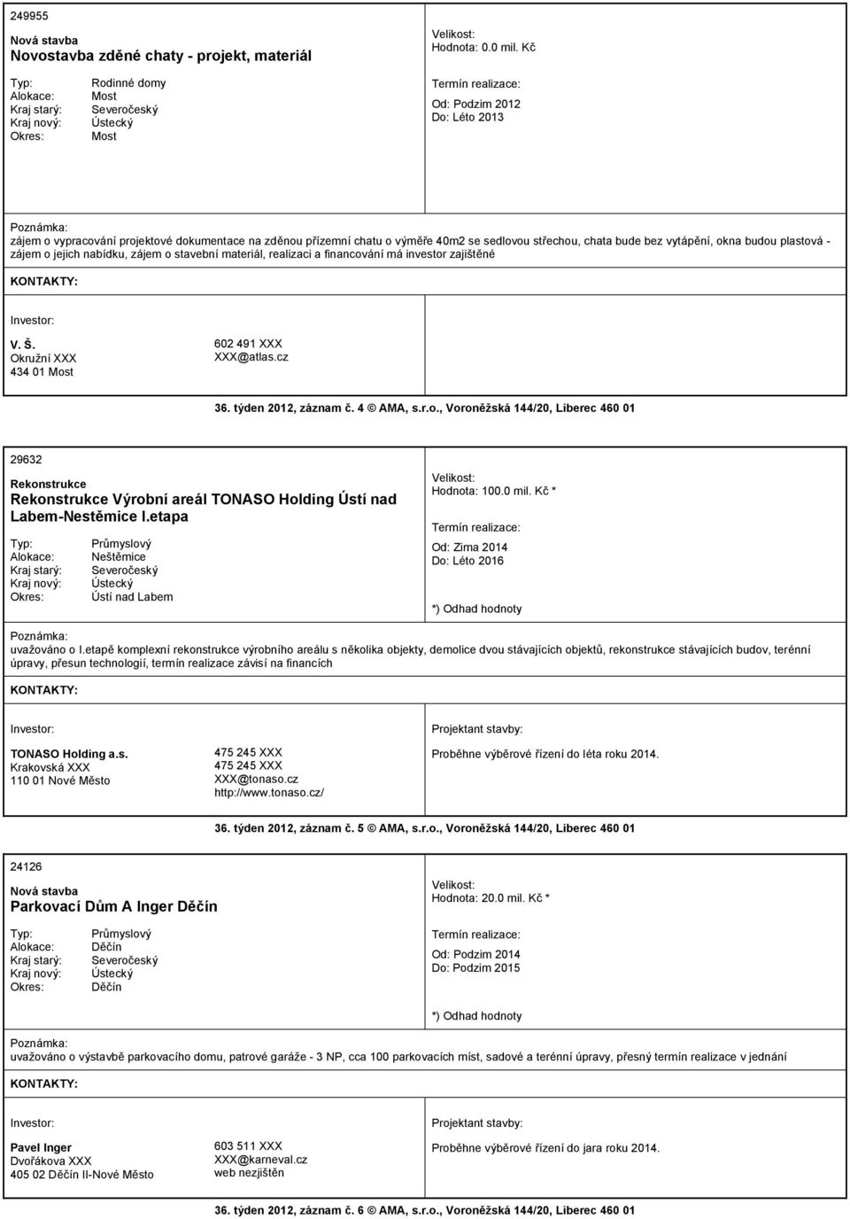 plastová - zájem o jejich nabídku, zájem o stavební materiál, realizaci a financování má investor zajištěné V. Š. Okružní XXX 434 01 Most 602 491 XXX XXX@atlas.cz 36. týden 2012, záznam č. 4 AMA, s.r.o., Voroněžská 144/20, Liberec 460 01 29632 Rekonstrukce Rekonstrukce Výrobní areál TONASO Holding Ústí nad Labem-Nestěmice I.