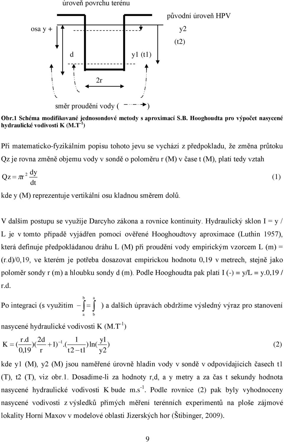 T -1 ) Při matematicko-fyzikálním popisu tohoto jevu se vychází z předpokladu, ţe změna průtoku Qz je rovna změně objemu vody v sondě o poloměru r (M) v čase t (M), platí tedy vztah 2 dy Qz r (1) dt