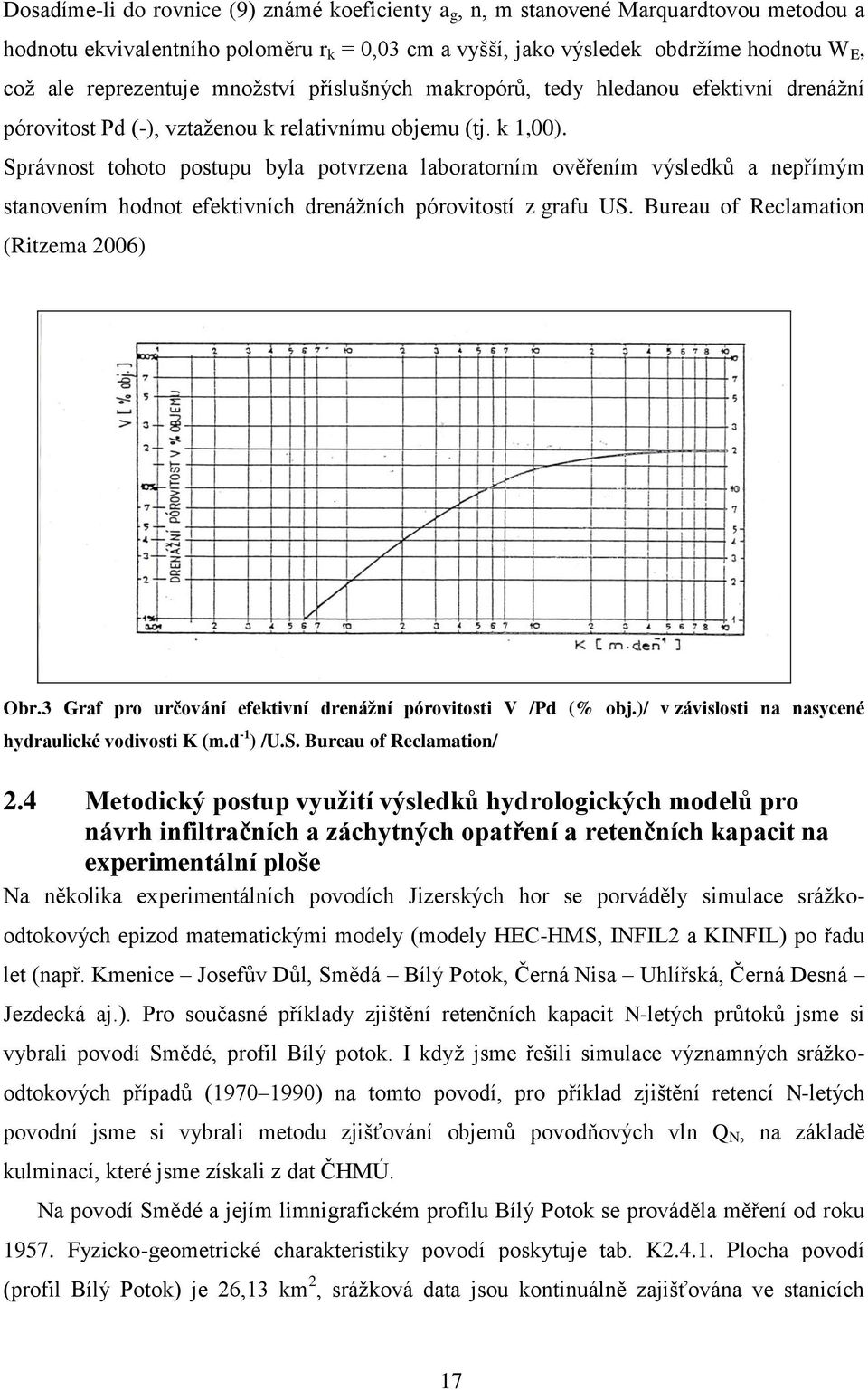 Správnost tohoto postupu byla potvrzena laboratorním ověřením výsledků a nepřímým stanovením hodnot efektivních drenáţních pórovitostí z grafu US. Bureau of Reclamation (Ritzema 2006) Obr.