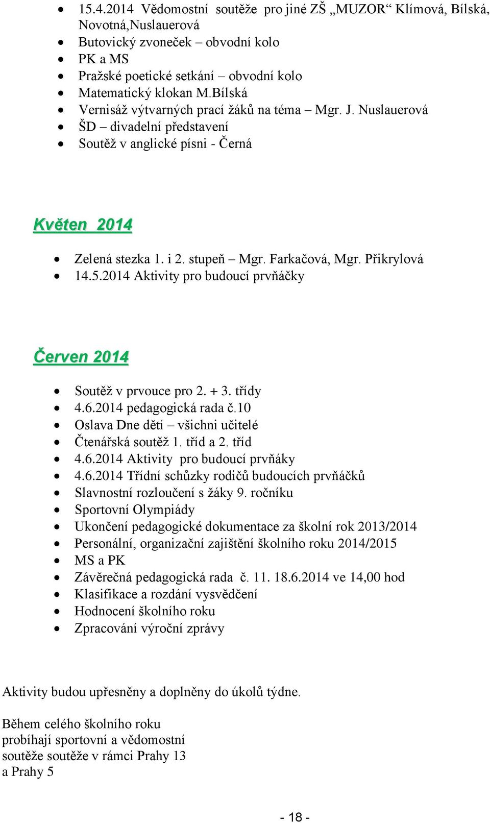 5.2014 Aktivity pro budoucí prvňáčky Červen 2014 Soutěž v prvouce pro 2. + 3. třídy 4.6.2014 pedagogická rada č.10 Oslava Dne dětí všichni učitelé Čtenářská soutěž 1. tříd a 2. tříd 4.6.2014 Aktivity pro budoucí prvňáky 4.