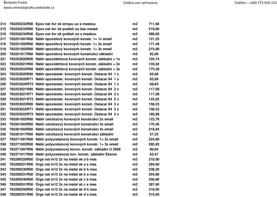 1+ 3x email m2 215,90 320 783251017R00 Nátěr epoxidový kovových konstrukcí základní m2 82,06 321 783252020R00 Nátěr epoxidehtový kovových konstr.