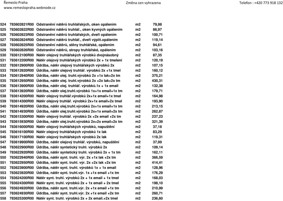 opálením m2 119,14 528 783602825R00 Odstranění nátěrů, stěny truhlářské, opálením m2 94,61 529 783602826R00 Odstranění nátěrů, stropy truhlářské, opálením m2 103,16 530 783612100R00 Nátěr olejový