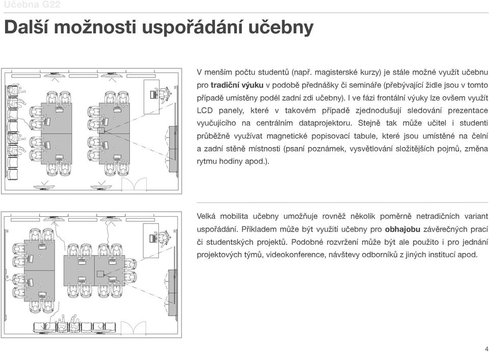 I ve fázi frontální výuky lze ovšem využít LCD panely, které v takovém případě zjednodušují sledování prezentace vyučujícího na centrálním dataprojektoru.