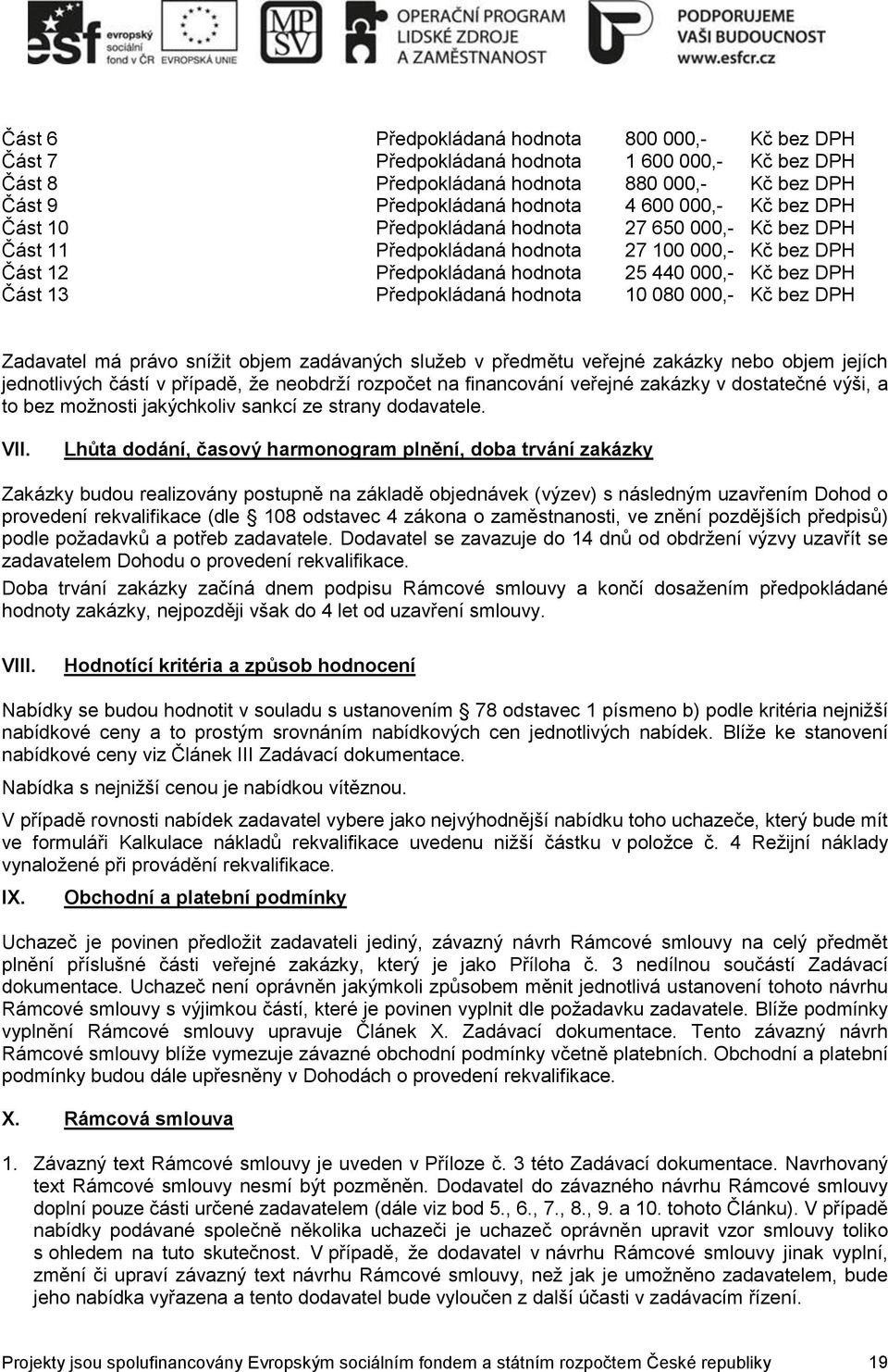 080 000,- Kč bez DPH Zadavatel má právo snížit objem zadávaných služeb v předmětu veřejné zakázky nebo objem jejích jednotlivých částí v případě, že neobdrží rozpočet na financování veřejné zakázky v