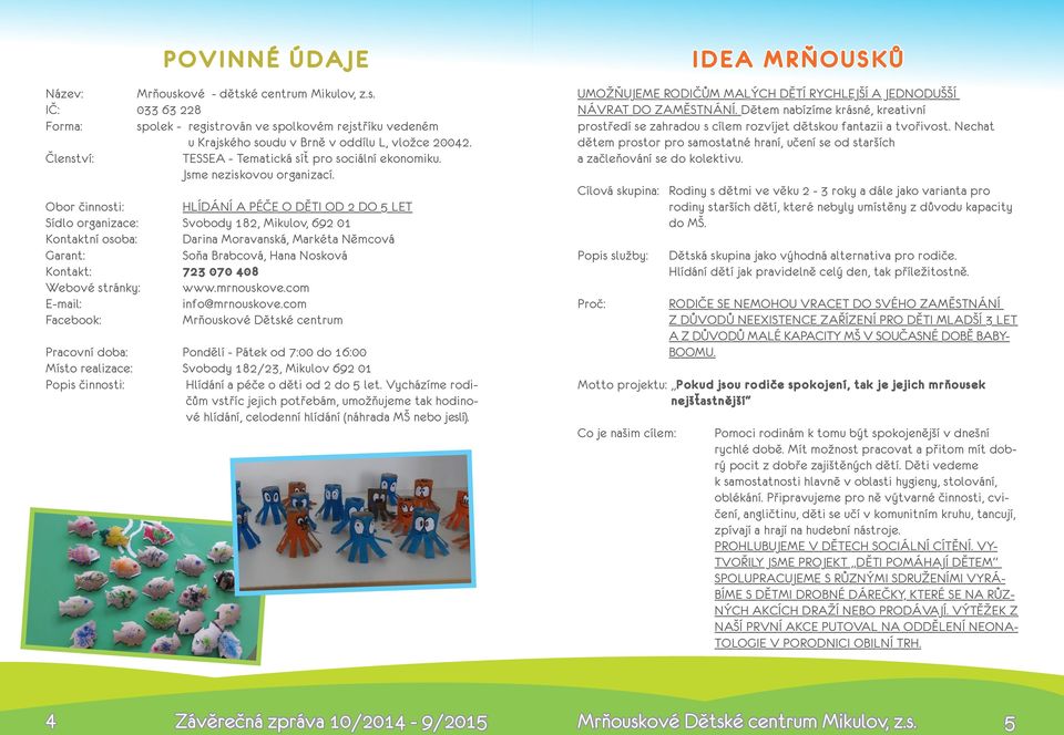 Obor činnosti: Hlídání a péče o děti od 2 do 5 let Sídlo organizace: Svobody 182, Mikulov, 692 01 Kontaktní osoba: Darina Moravanská, Markéta Němcová Garant: Soňa Brabcová, Hana Nosková Kontakt: 723