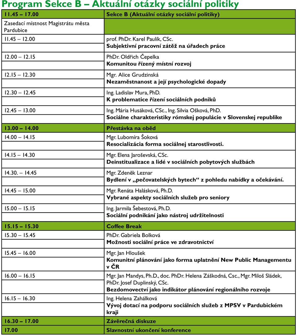 45 Ing. Ladislav Mura, PhD. K problematice řízení sociálních podniků 12.45 13.00 Ing. Mária Husáková, CSc., Ing. Silvia Ošková, PhD.