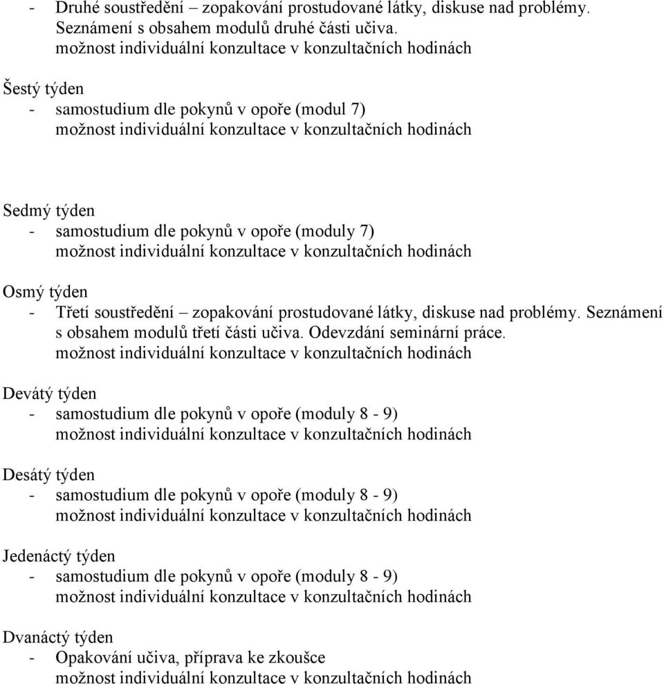 prostudované látky, diskuse nad problémy. Seznámení s obsahem modulů třetí části učiva. Odevzdání seminární práce.