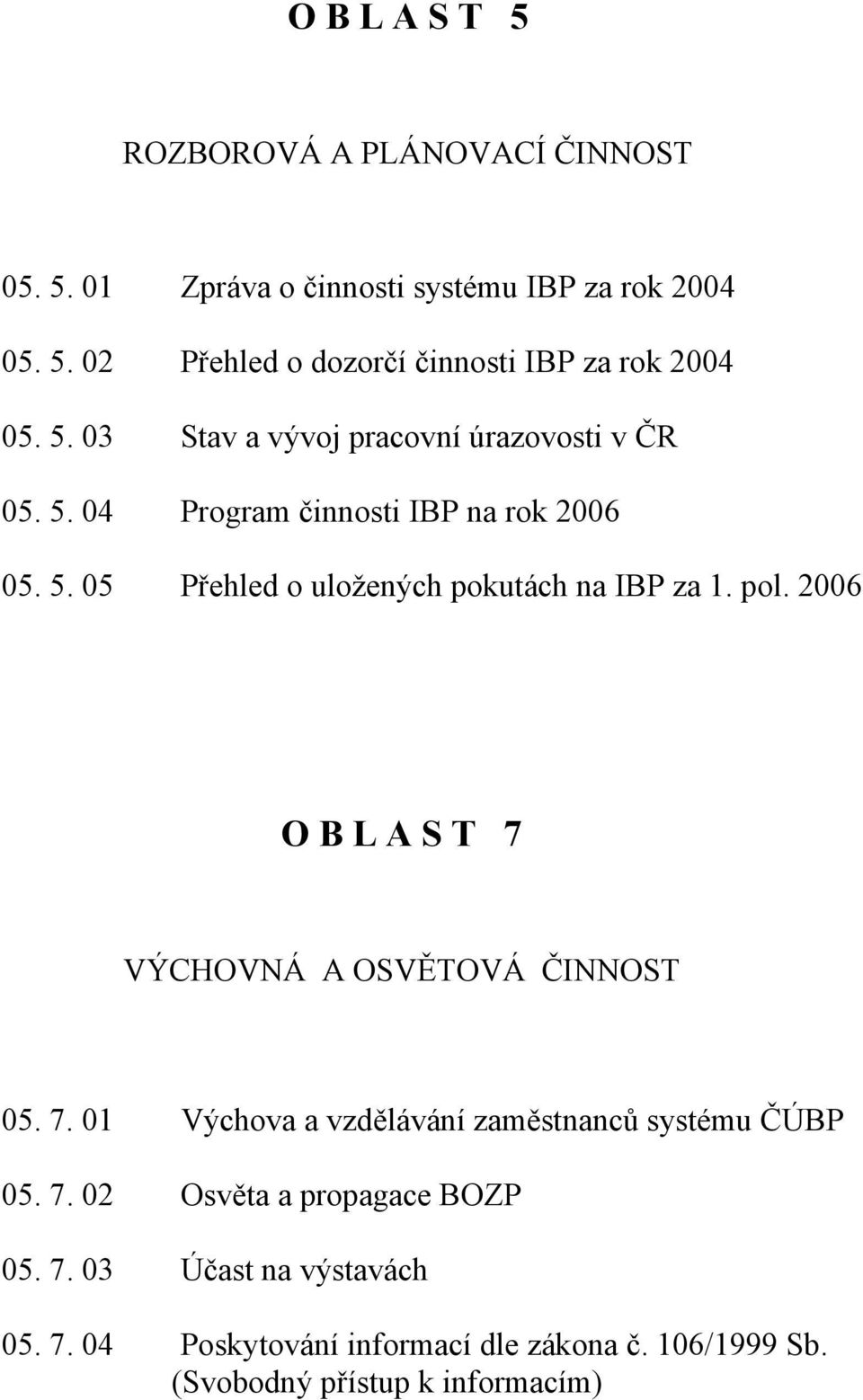 pol. 2006 O B L A S T 7 VÝCHOVNÁ A OSVĚTOVÁ ČINNOST 05. 7. 01 Výchova a vzdělávání zaměstnanců systému ČÚBP 05. 7. 02 Osvěta a propagace BOZP 05.