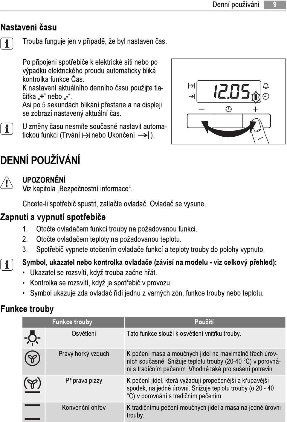 Asi po 5 sekundách blikání přestane a na displeji se zobrazí nastavený aktuální čas. U změny času nesmíte současně nastavit automatickou funkci (Trvání nebo Ukončení ).