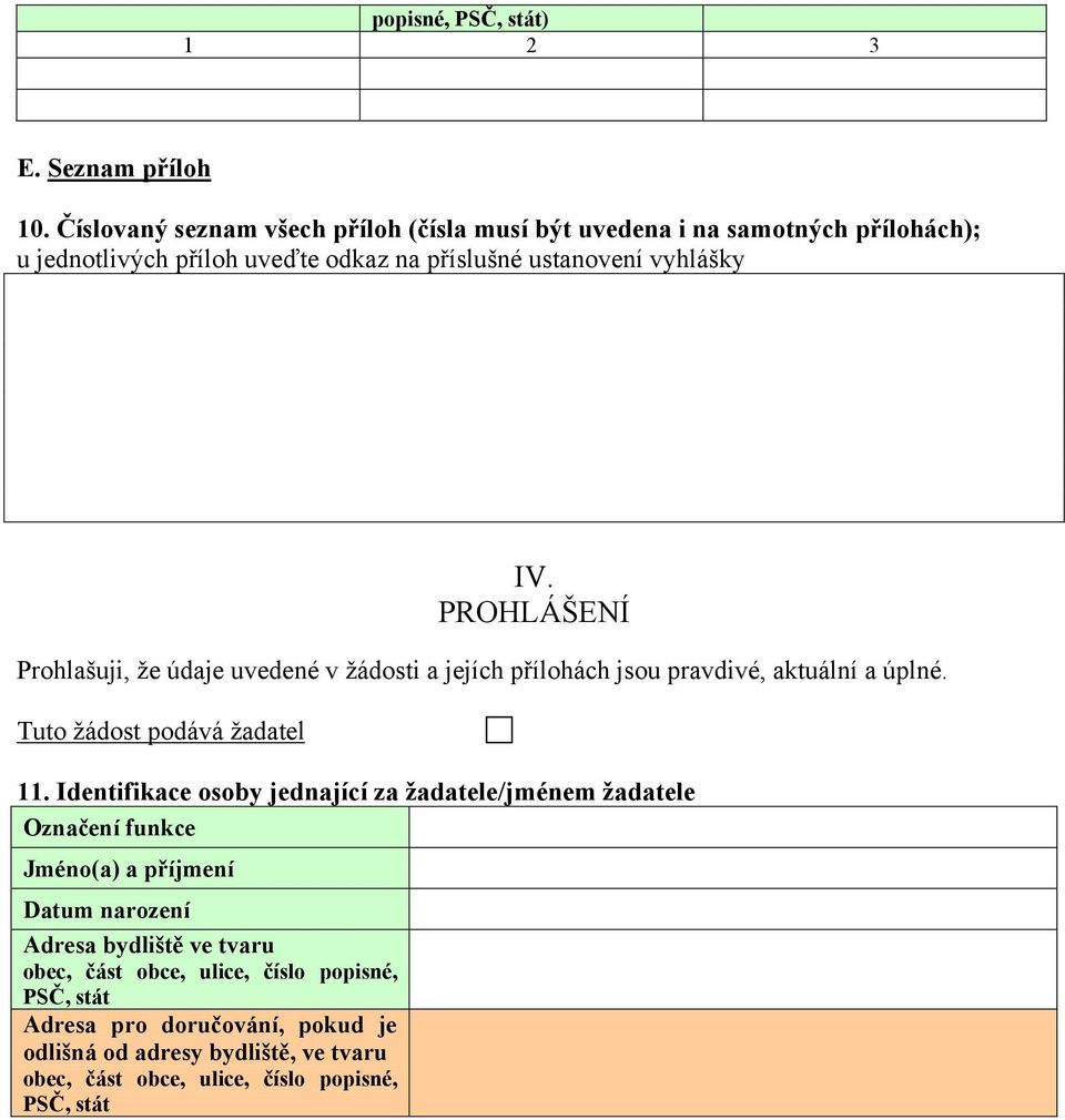 ustanovení vyhlášky IV. PROHLÁŠENÍ Prohlašuji, že údaje uvedené v žádosti a jejích přílohách jsou pravdivé, aktuální a úplné.