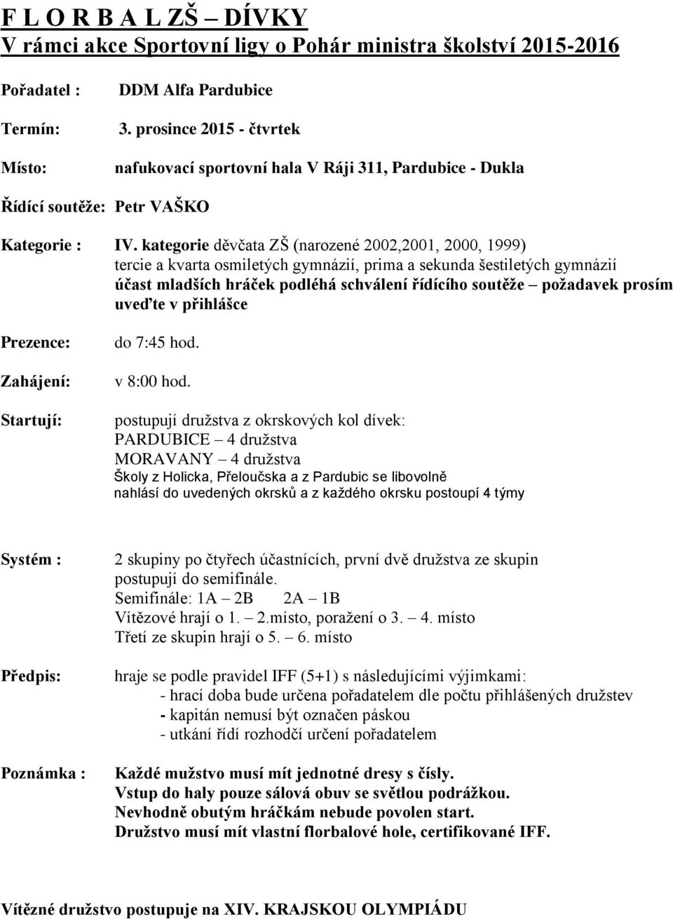 kategorie děvčata ZŠ (narozené 2002,2001, 2000, 1999) tercie a kvarta osmiletých gymnázií, prima a sekunda šestiletých gymnázií účast mladších hráček podléhá schválení řídícího soutěže požadavek