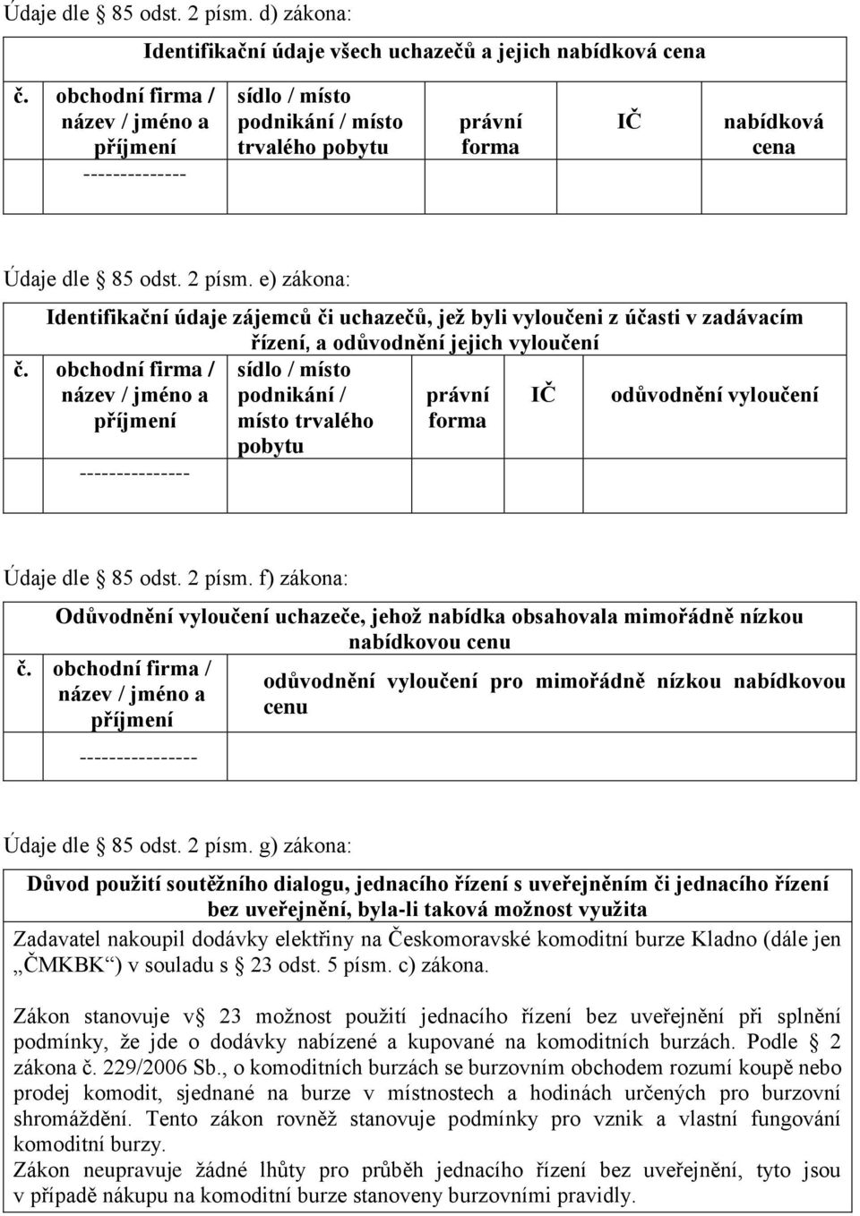 e) zákona: Identifikační údaje zájemců či uchazečů, jež byli vyloučeni z účasti v zadávacím řízení, a odůvodnění jejich vyloučení č.