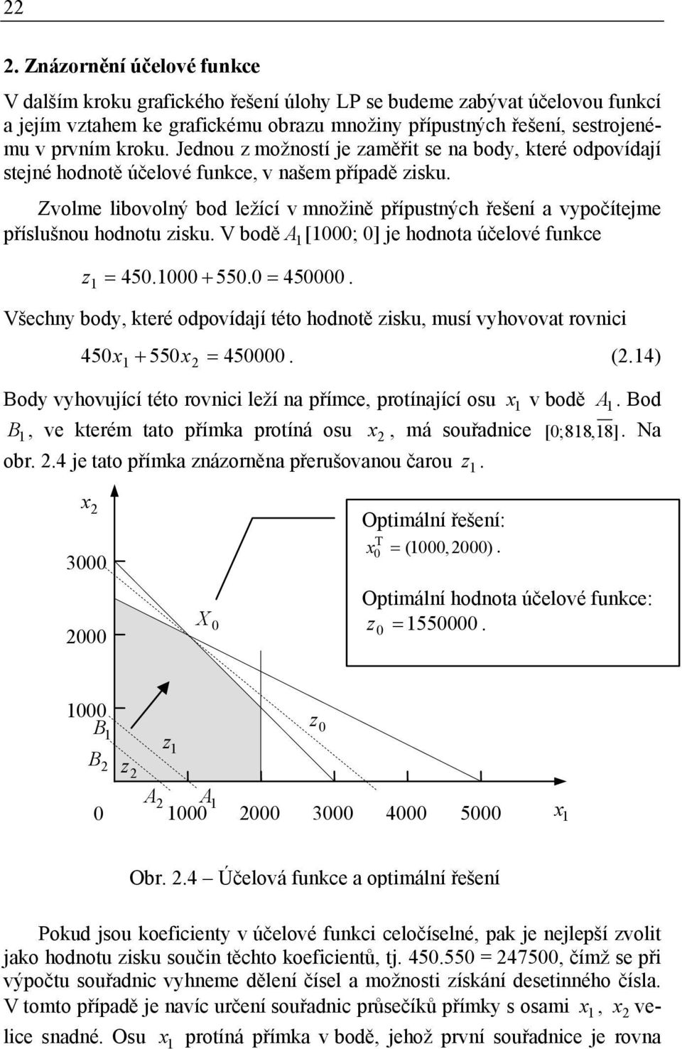 Zvolme libovolný bod ležící v množině přípustných řešení a vypočítejme příslušnou hodnotu zisku. V bodě A 1 [; 0] je hodnota účelové funkce z = 450. + 550.0 450000.