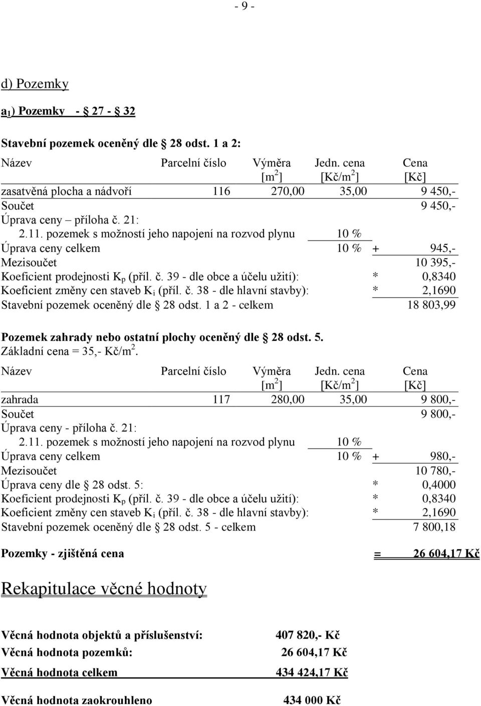 č. 39 - dle obce a účelu užití): * 0,8340 Koeficient změny cen staveb K i (příl. č. 38 - dle hlavní stavby): * 2,1690 Stavební pozemek oceněný dle 28 odst.