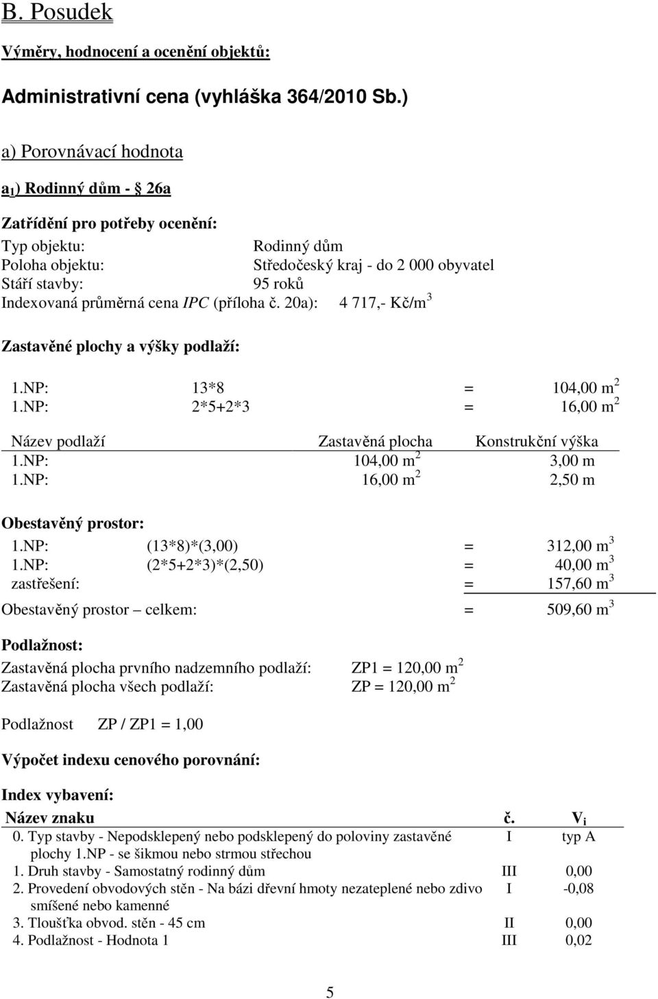 cena IPC (příloha č. 20a): 4 717,- Kč/m 3 Zastavěné plochy a výšky podlaží: 1.NP: 13*8 = 104,00 m 2 1.NP: 2*5+2*3 = 16,00 m 2 Název podlaží Zastavěná plocha Konstrukční výška 1.