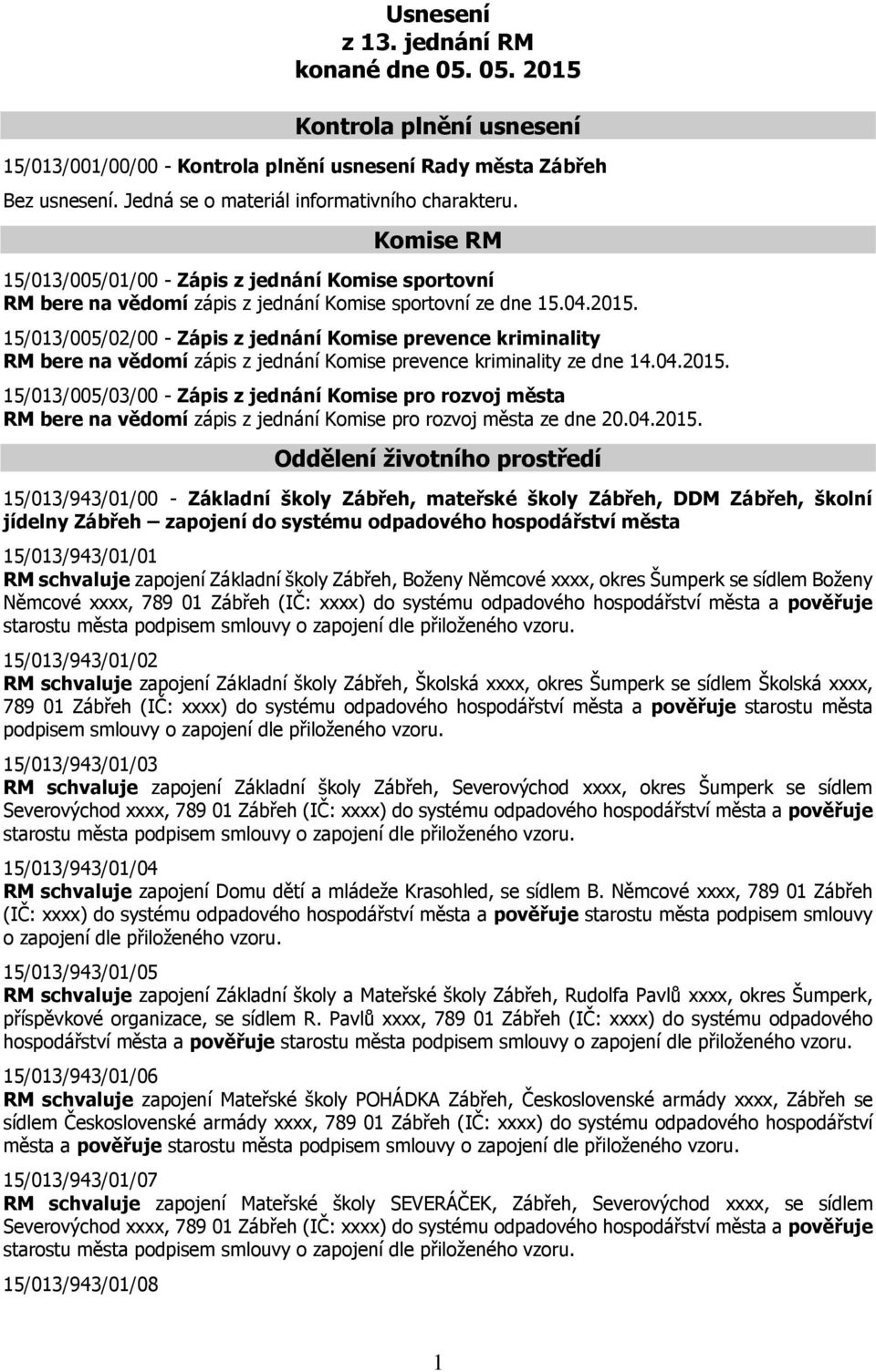 15/013/005/02/00 - Zápis z jednání Komise prevence kriminality RM bere na vědomí zápis z jednání Komise prevence kriminality ze dne 14.04.2015.