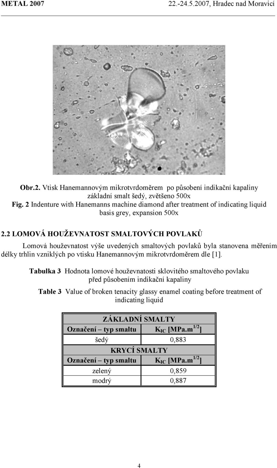 2 LOMOVÁ HOUŽEVNATOST SMALTOVÝCH POVLAKŮ Lomová houževnatost výše uvedených smaltových povlaků byla stanovena měřením délky trhlin vzniklých po vtisku Hanemannovým mikrotvrdoměrem