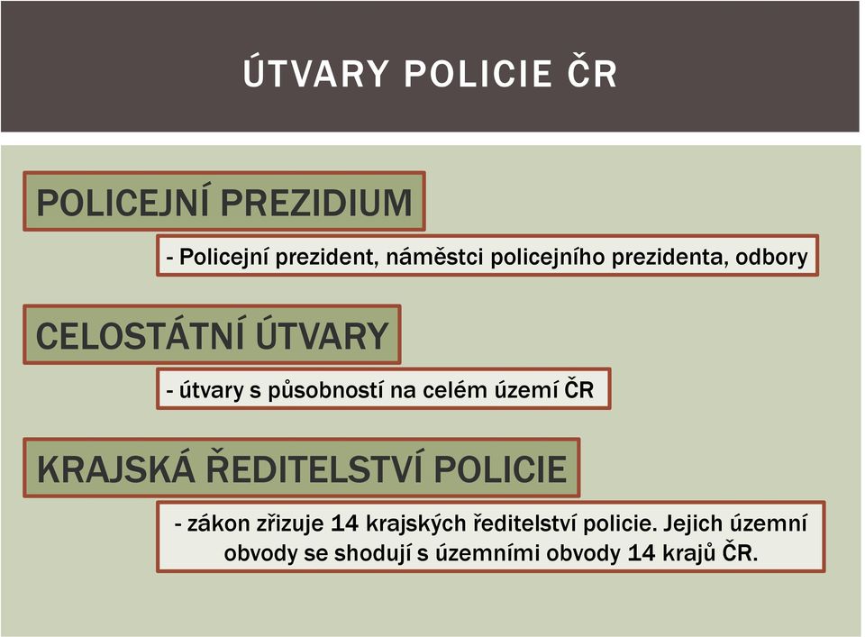 celém území ČR KRAJSKÁ ŘEDITELSTVÍ POLICIE - zákon zřizuje 14 krajských