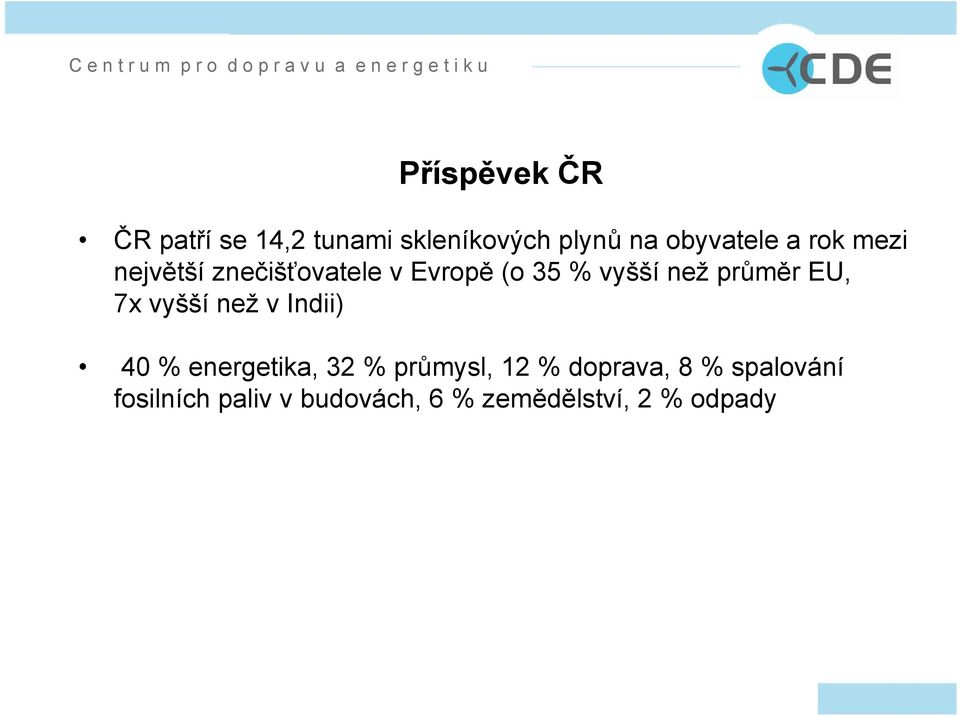 EU, 7x vyšší než v Indii) 40 % energetika, 32 % průmysl, 12 %