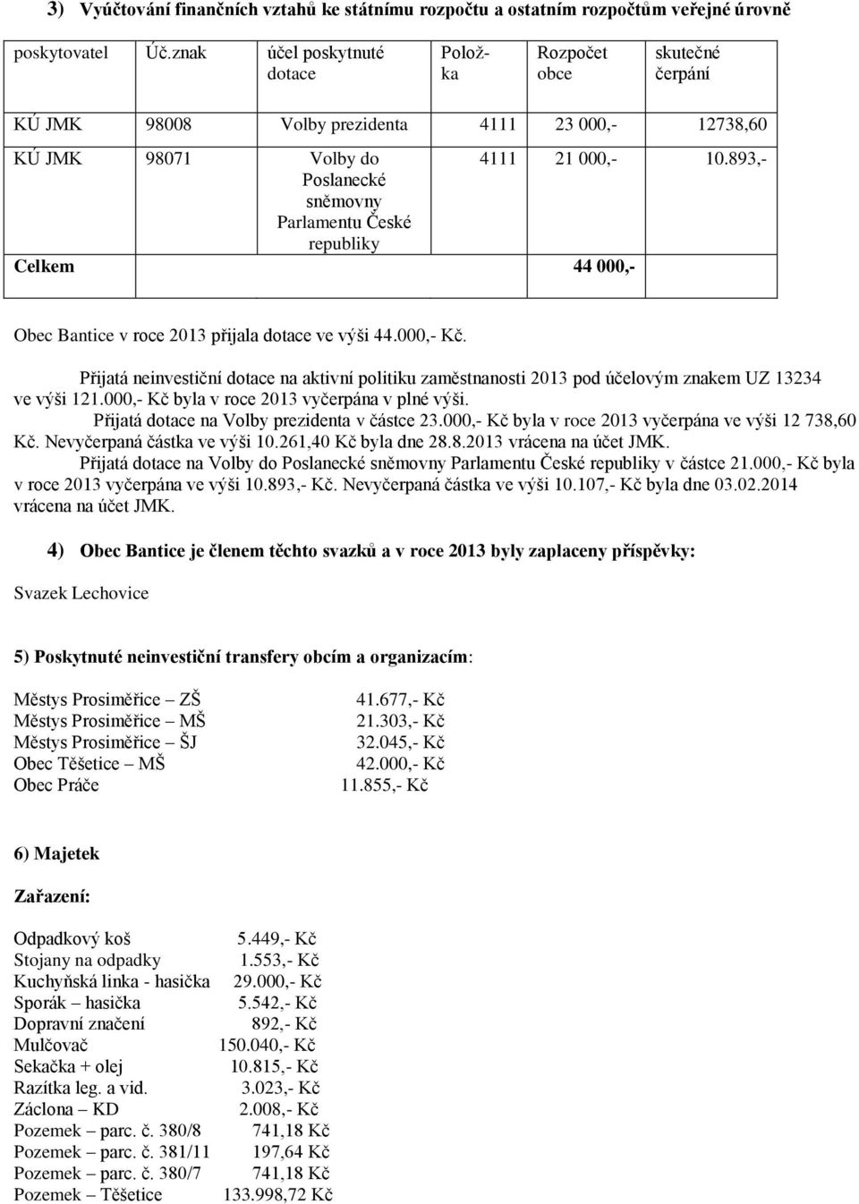 893,- Poslanecké sněmovny Parlamentu České republiky Celkem 44 000,- Obec Bantice v roce 2013 přijala dotace ve výši 44.000,- Kč.