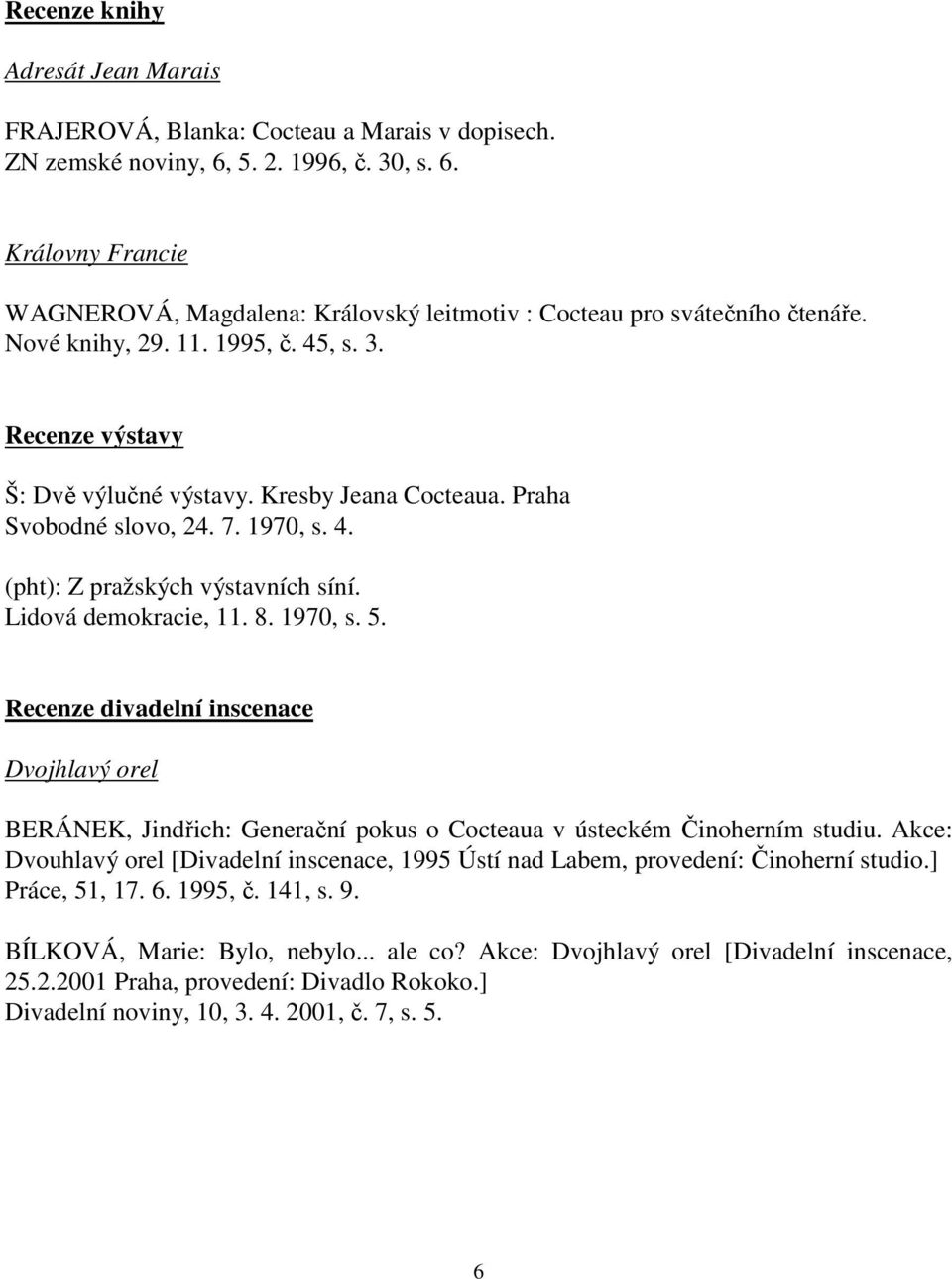 Lidová demokracie, 11. 8. 1970, s. 5. Recenze divadelní inscenace Dvojhlavý orel BERÁNEK, Jindřich: Generační pokus o Cocteaua v ústeckém Činoherním studiu.