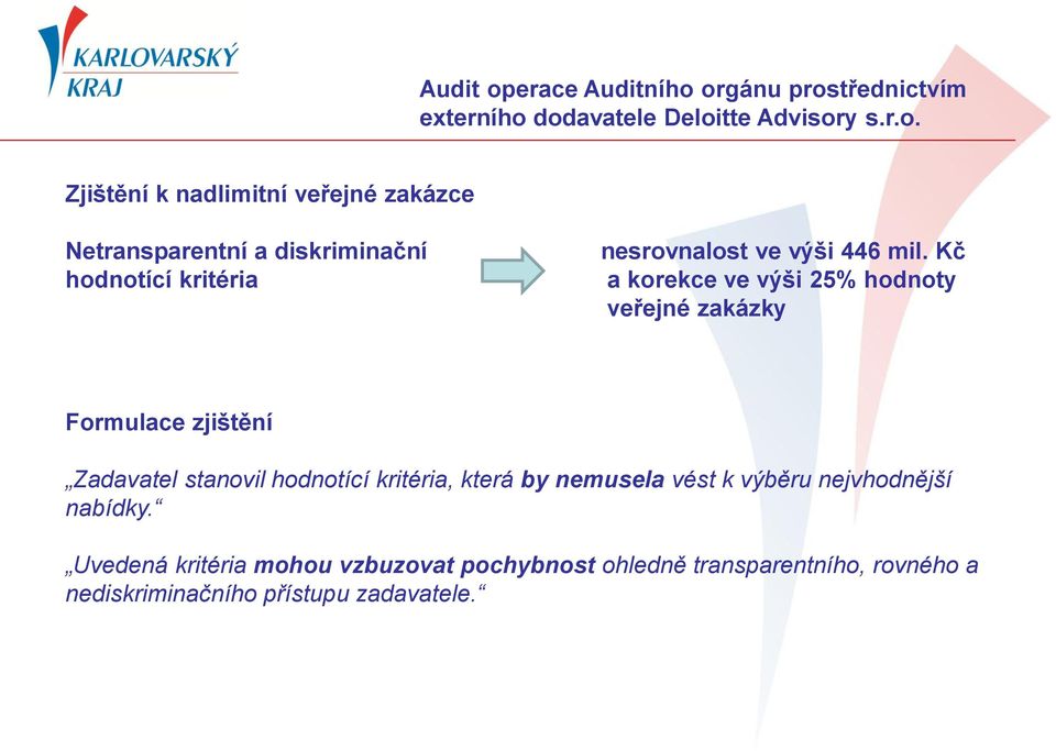 orgánu prostřednictvím externího dodavatele Deloitte Advisory s.r.o. Zjištění k nadlimitní veřejné zakázce Netransparentní a diskriminační hodnotící kritéria nesrovnalost ve výši 446 mil.