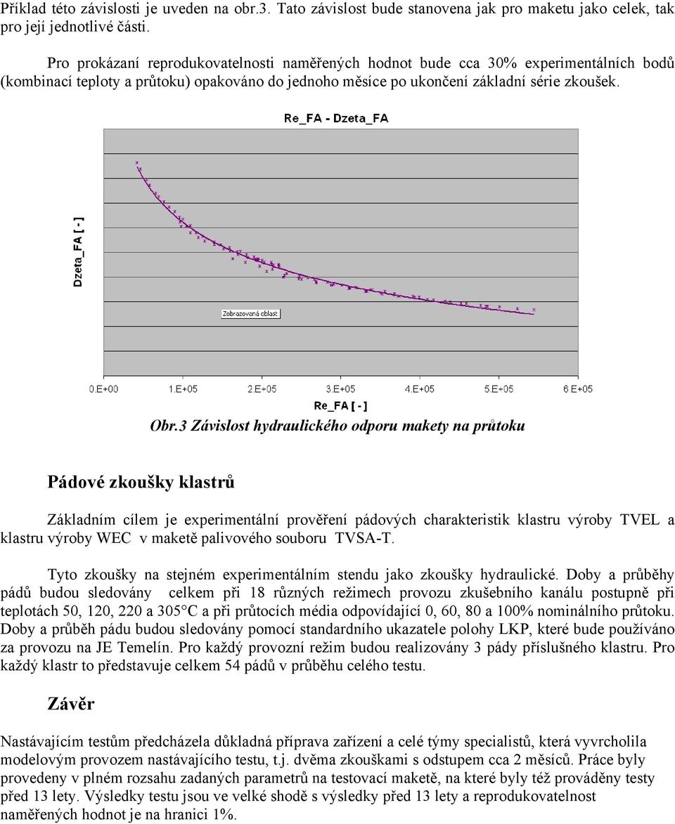 3 Závislost hydraulického odporu makety na průtoku Pádové zkoušky klastrů Základním cílem je experimentální prověření pádových charakteristik klastru výroby TVEL a klastru výroby WEC v maketě