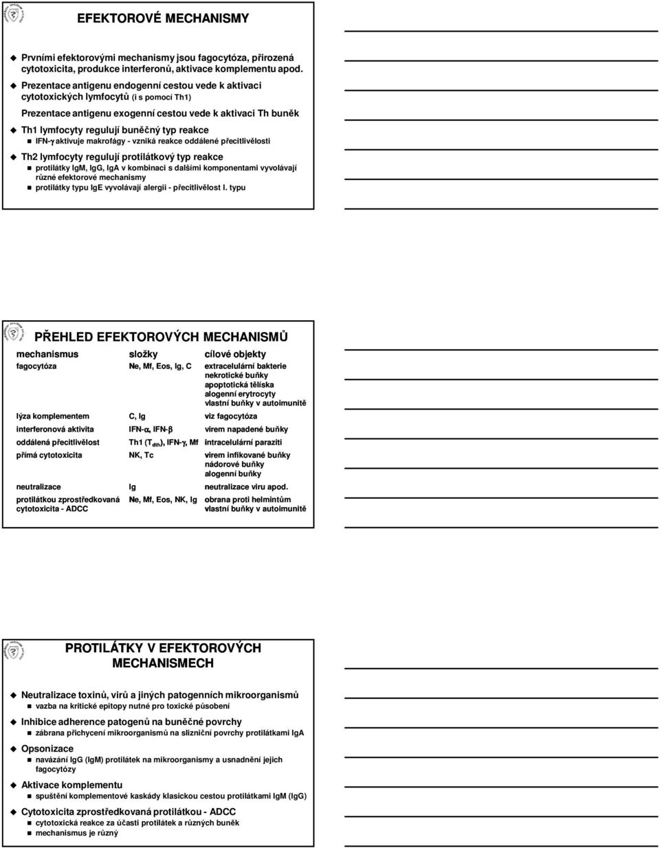 IFN-γ aktivuje makrofágy - vzniká reakce oddálené přecitlivělosti Th2 lymfocyty regulují protilátkový typ reakce protilátky IgM, IgG, IgA v kombinaci s dalšími komponentami vyvolávají různé