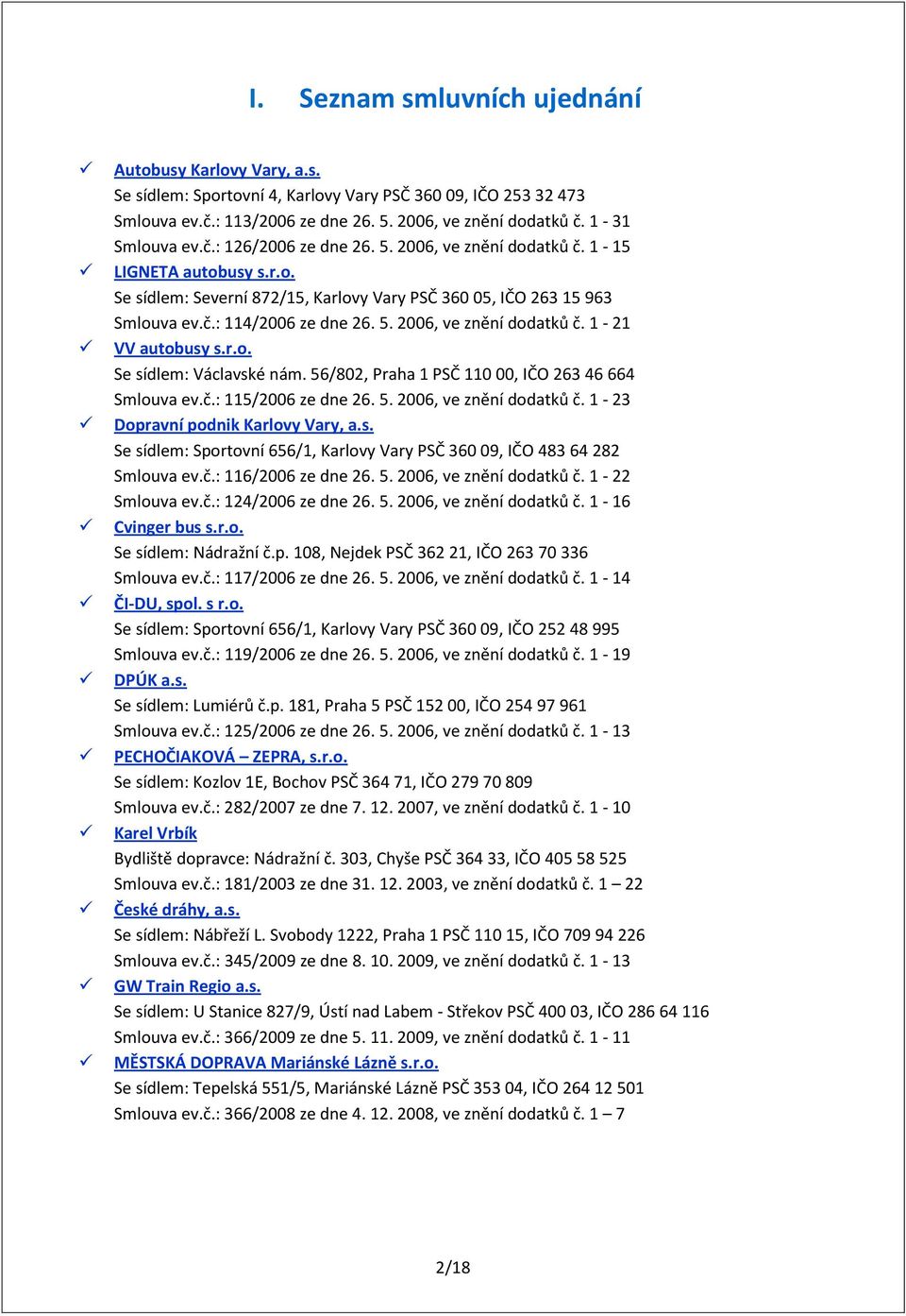 5. 2006, ve znění dodatků č. 1-21 VV autobusy s.r.o. Se sídlem: Václavské nám. 56/802, Praha 1 PSČ 110 00, IČO 263 46 664 Smlouva ev.č.: 115/2006 ze dne 26. 5. 2006, ve znění dodatků č. 1-23 Dopravní podnik Karlovy Vary, a.