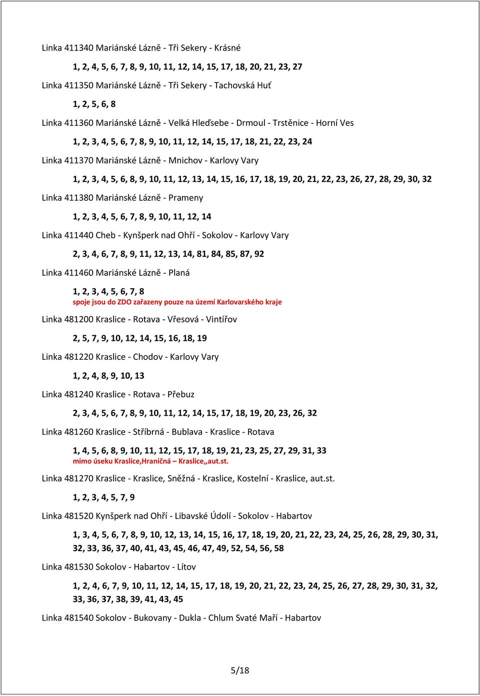 2, 3, 4, 5, 6, 8, 9, 10, 11, 12, 13, 14, 15, 16, 17, 18, 19, 20, 21, 22, 23, 26, 27, 28, 29, 30, 32 Linka 411380 Mariánské Lázně - Prameny 1, 2, 3, 4, 5, 6, 7, 8, 9, 10, 11, 12, 14 Linka 411440 Cheb