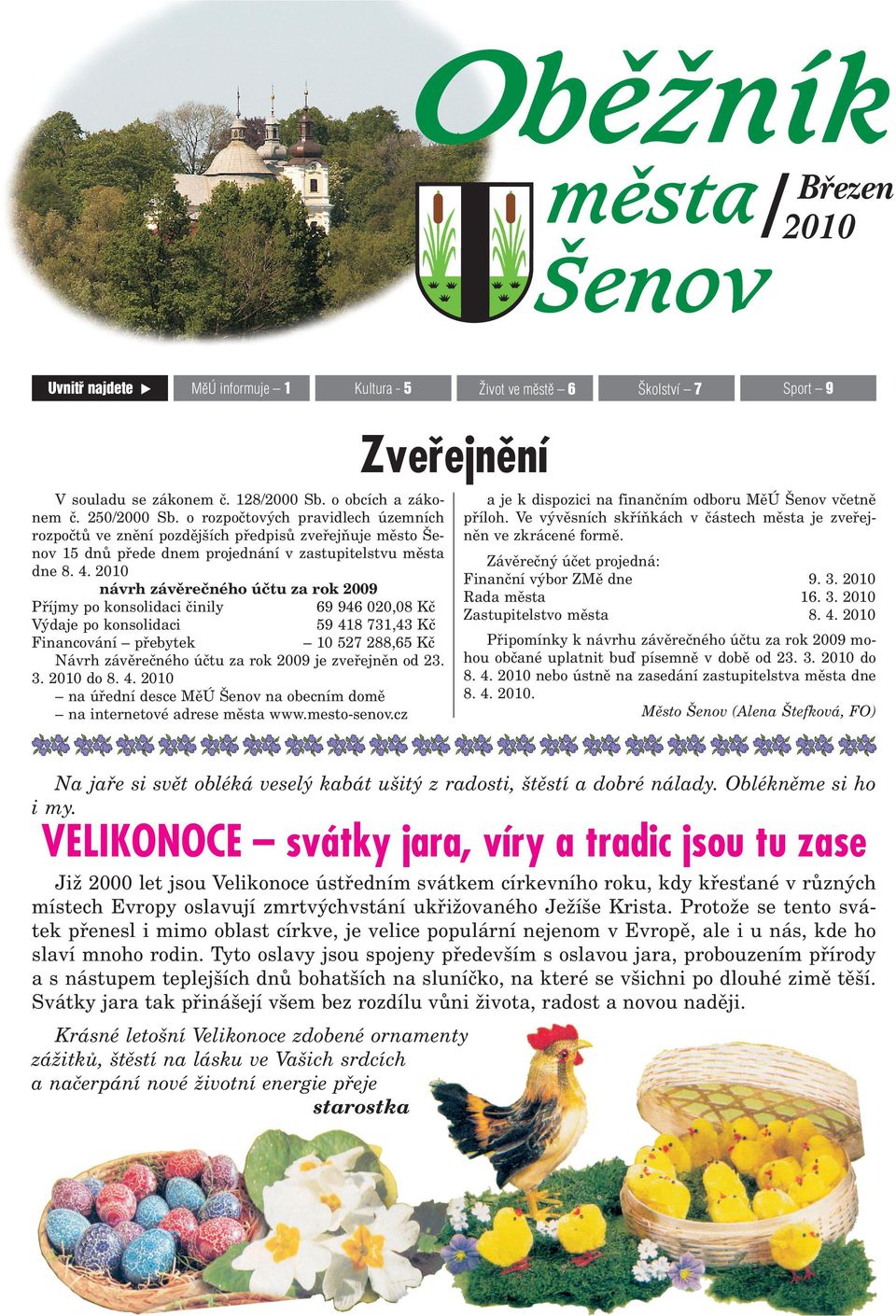 2010 návrh závìreèného úètu za rok 2009 Pøíjmy po konsolidaci èinily 69 946 020,08 Kè Výdaje po konsolidaci 59 418 731,43 Kè Financování pøebytek 10 527 288,65 Kè Návrh závìreèného úètu za rok 2009