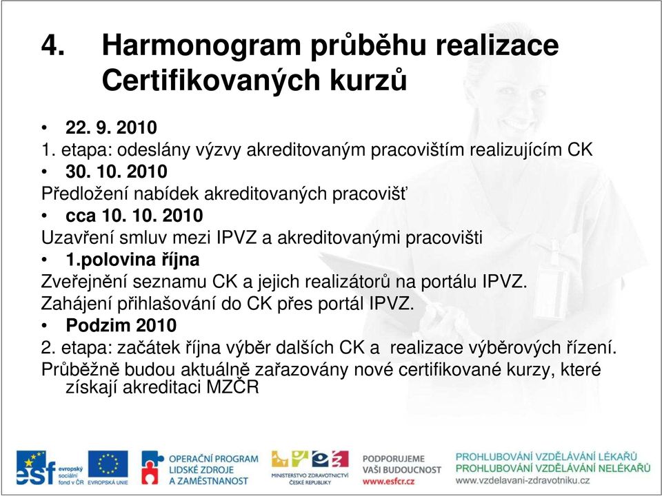 polovina října Zveřejnění seznamu CK a jejich realizátorů na portálu IPVZ. Zahájení přihlašování do CK přes portál IPVZ. Podzim 2010 2.