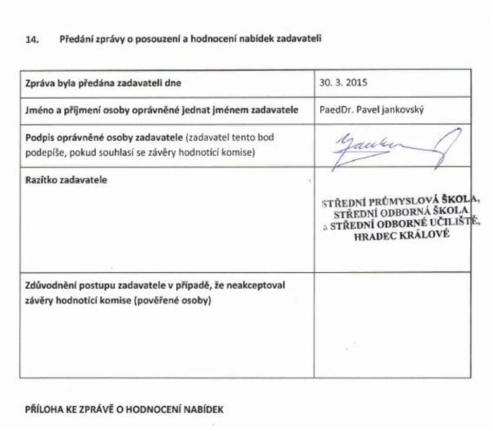 Pavel jankovský Podpis oprávněné osoby zadavatele (zadavatel tento bod podepíše, pokud souhlasí se závěry