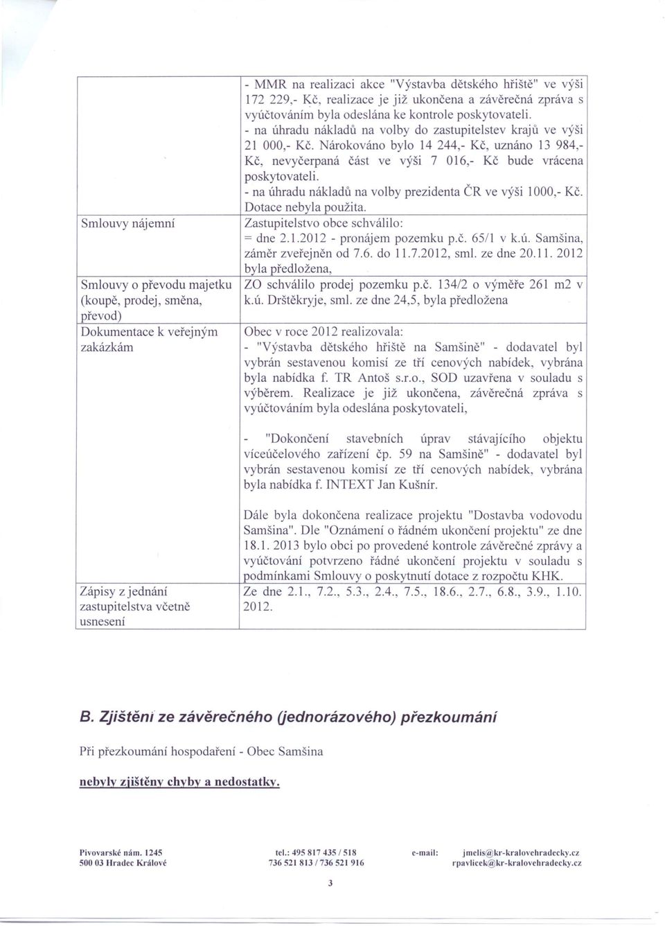 árokováno bylo 14 244,- Kč, uznáno 13 984- Kč, nevyčerpaná část ve výši 7 016 - Kč bude vrácena poskytovateli. - na úhradu nákladů na volby prezidenta ČR ve výši 1000,- Kč. Dotace nebyla použita.