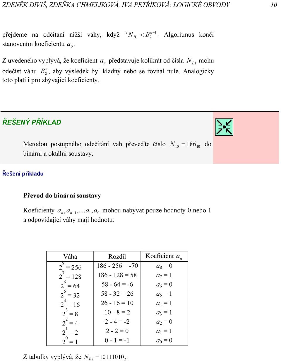 Analogcky toto platí pro zbývající koefcenty. ŘEŠENÝ PŘÍKLAD Metodou postupného odečítání vah převeďte číslo N 86 do bnární a oktální soustavy.