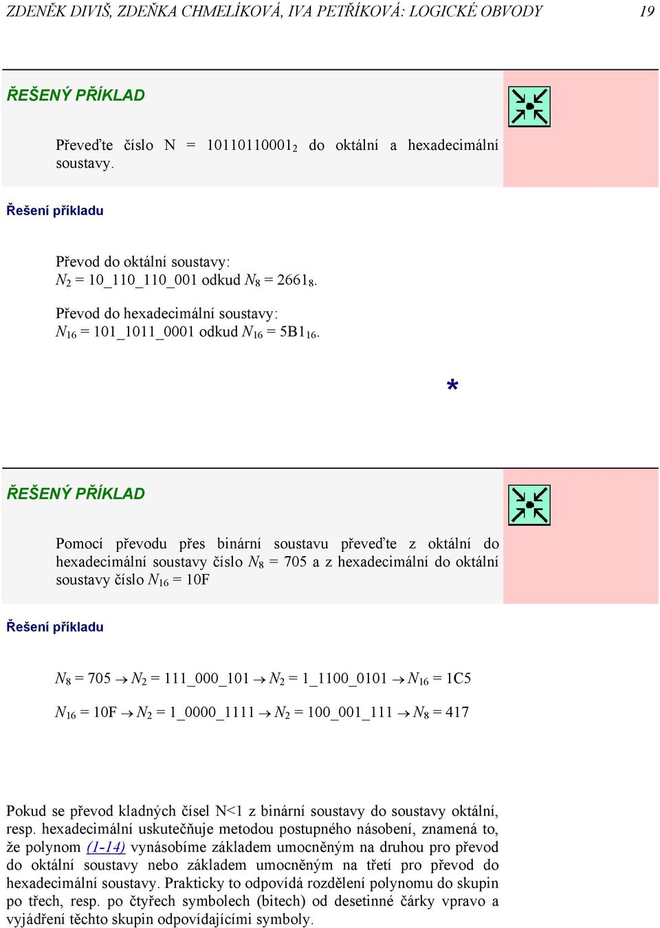 * ŘEŠENÝ PŘÍKLAD Pomocí převodu přes bnární soustavu převeďte z oktální do headecmální soustavy číslo N 8 75 a z headecmální do oktální soustavy číslo N 6 F Řešení příkladu N 8 75 N N N 6 C5 N 6 F N