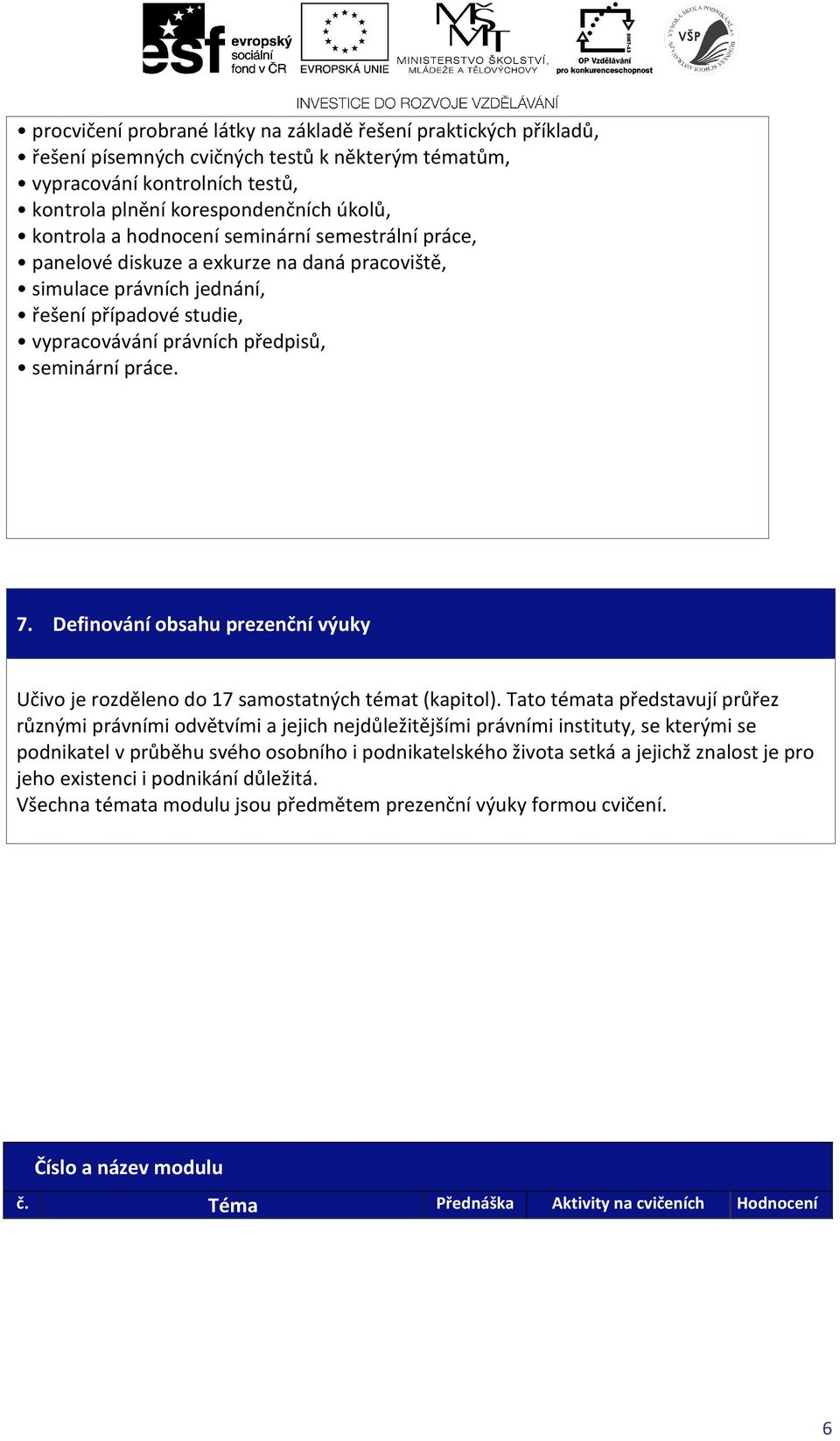 Definování obsahu prezenční výuky Učivo je rozděleno do 17 samostatných témat (kapitol).