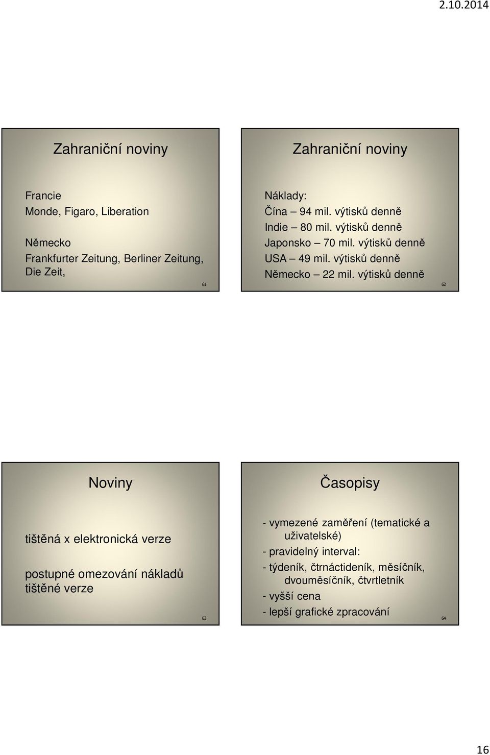 výtisků denně 62 Noviny Časopisy tištěná x elektronická verze - vymezené zaměření (tematické a uživatelské) - pravidelný interval: