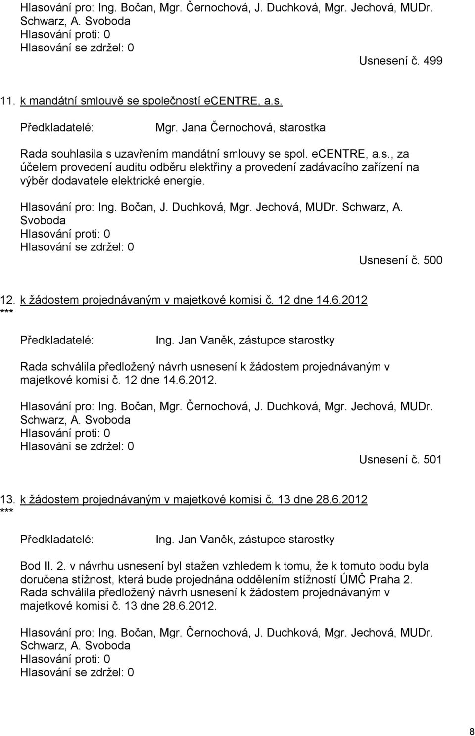 Hlasování pro: Ing. Bočan, J. Duchková, Mgr. Jechová, MUDr. Schwarz, A. Svoboda Hlasování proti: 0 Hlasování se zdržel: 0 Usnesení č. 500 12. *** k žádostem projednávaným v majetkové komisi č.