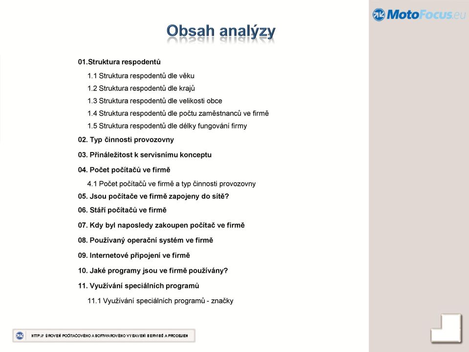 Počet počítačů ve firmě 4.1 Počet počítačů ve firmě a typ činnosti provozovny 05. Jsou počítače ve firmě zapojeny do sítě? 06. Stáří počítačů ve firmě 07.