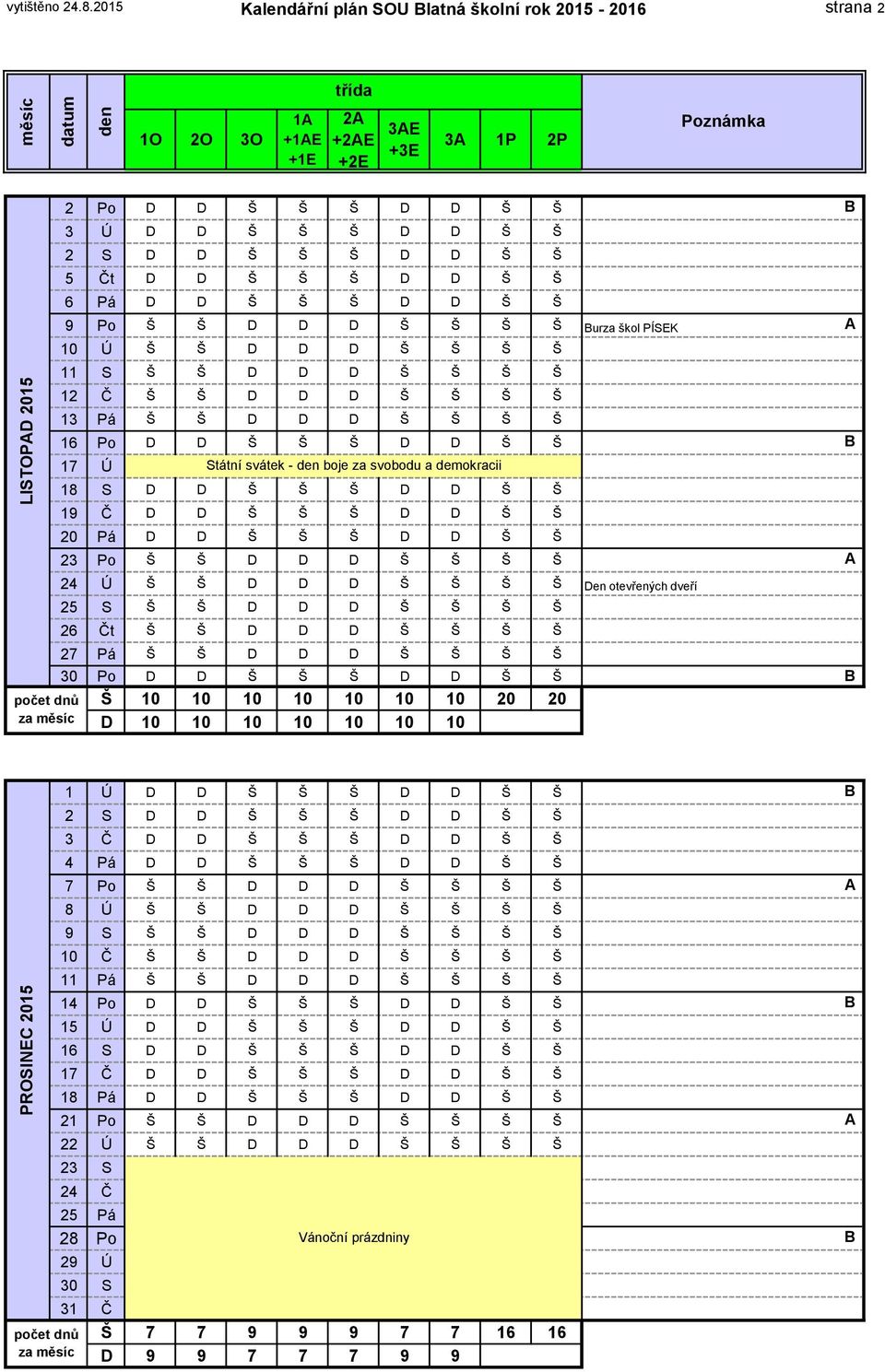 škol PÍSEK A 10 Ú Š Š D D D Š Š Š Š 11 S Š Š D D D Š Š Š Š 12 Č Š Š D D D Š Š Š Š 13 Pá Š Š D D D Š Š Š Š 16 Po D D Š Š Š D D Š Š B 17 Ú Státní svátek - boje za svobodu a demokracii 18 S D D Š Š Š D
