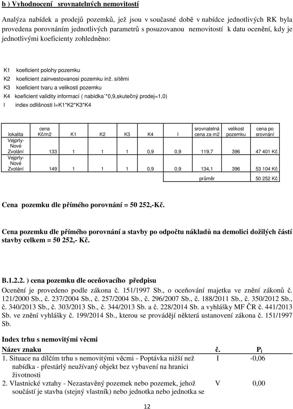 sítěmi K3 koeficient tvaru a velikosti pozemku K4 koeficient validity informací ( nabídka *0,9,skutečný prodej=1,0) l index odlišnosti l=k1*k2*k3*k4 cena Kč/m2 K1 K2 K3 K4 l srovnatelná cena za m2