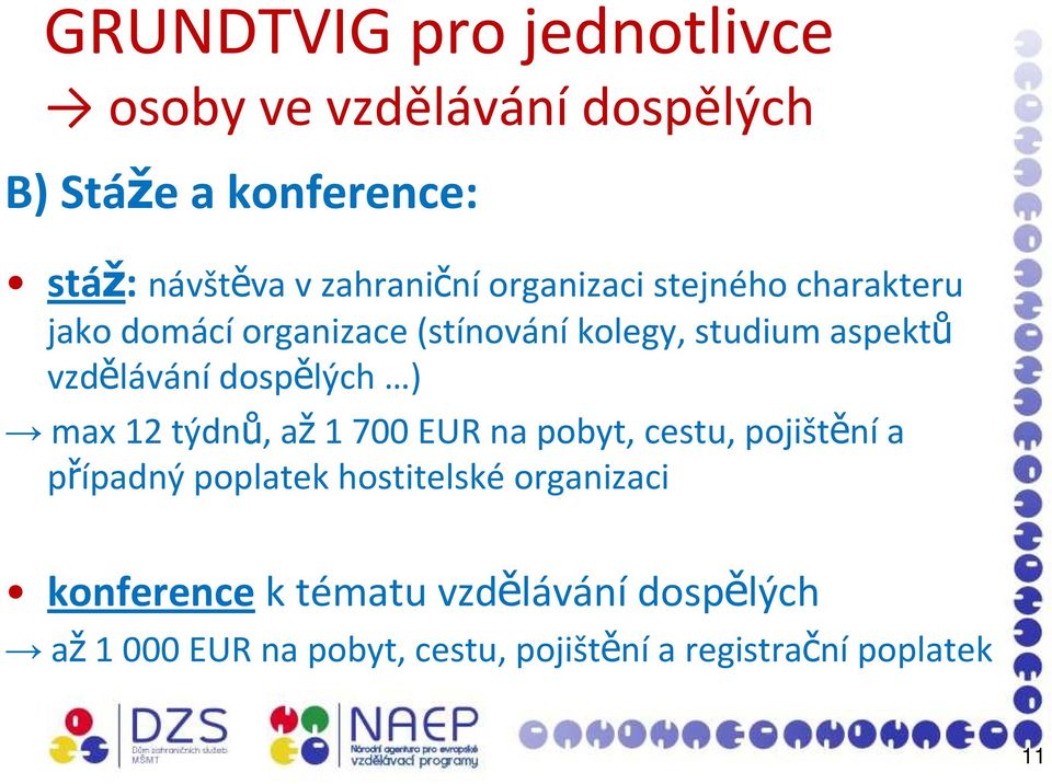 vzdělávání dospělých ) max 12 týdnů, až1 700 EUR na pobyt, cestu, pojištěnía případný poplatek