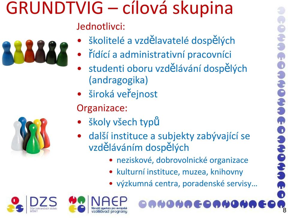 Organizace: školy všech typů dalšíinstituce a subjekty zabývajícíse vzděláváním dospělých