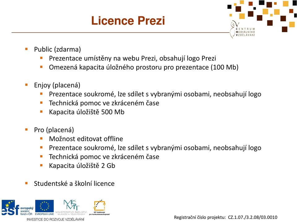 pomoc ve zkráceném čase Kapacita úložiště 500 Mb Pro(placená) Možnost editovat offline Prezentace soukromé, lze sdílet