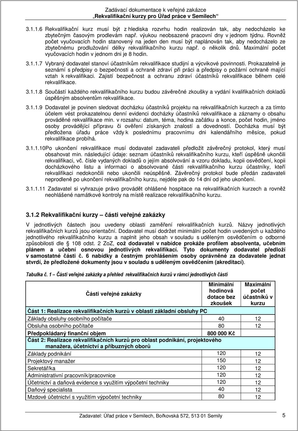 Maximální počet vyučovacích hodin v jednom dni je 8 hodin. 3.1.1.7 Vybraný dodavatel stanoví účastníkům rekvalifikace studijní a výcvikové povinnosti.