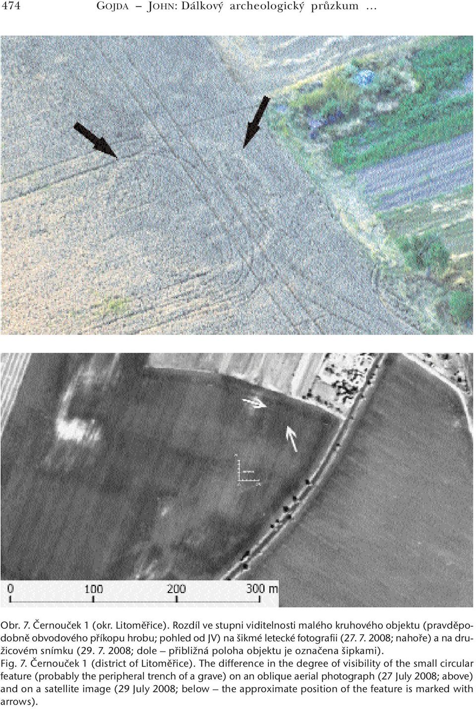 2008; nahoře) a na družicovém snímku (29. 7. 2008; dole přibližná poloha objektu je označena šipkami). Fig. 7. Černouček 1 (district of Litoměřice).