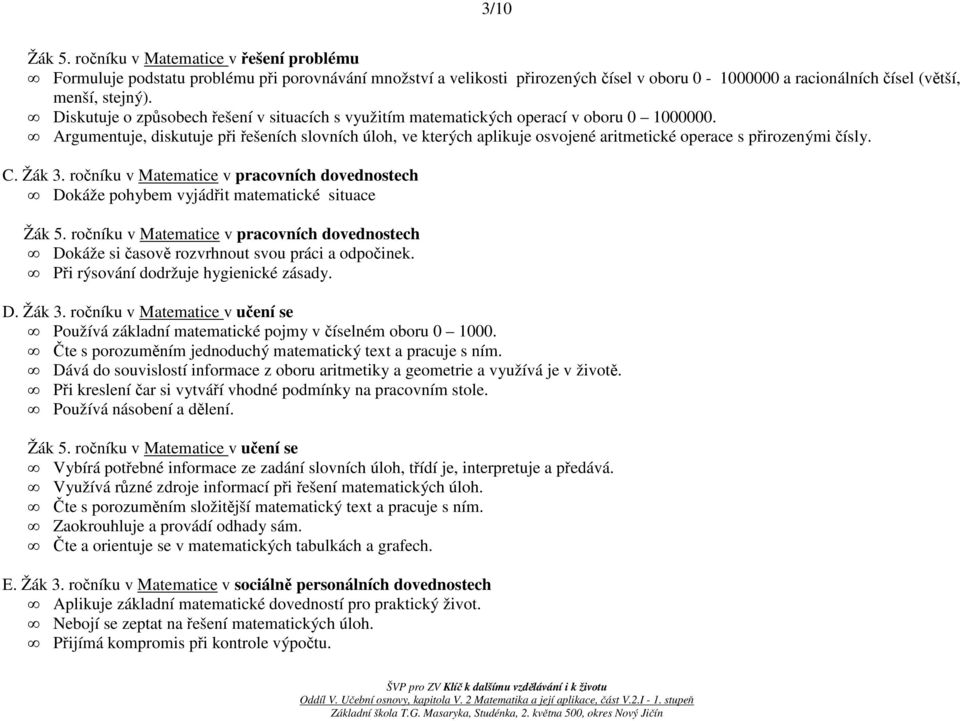 Argumentuje, diskutuje při řešeních slovních úloh, ve kterých aplikuje osvojené aritmetické operace s přirozenými čísly. C. Žák 3.